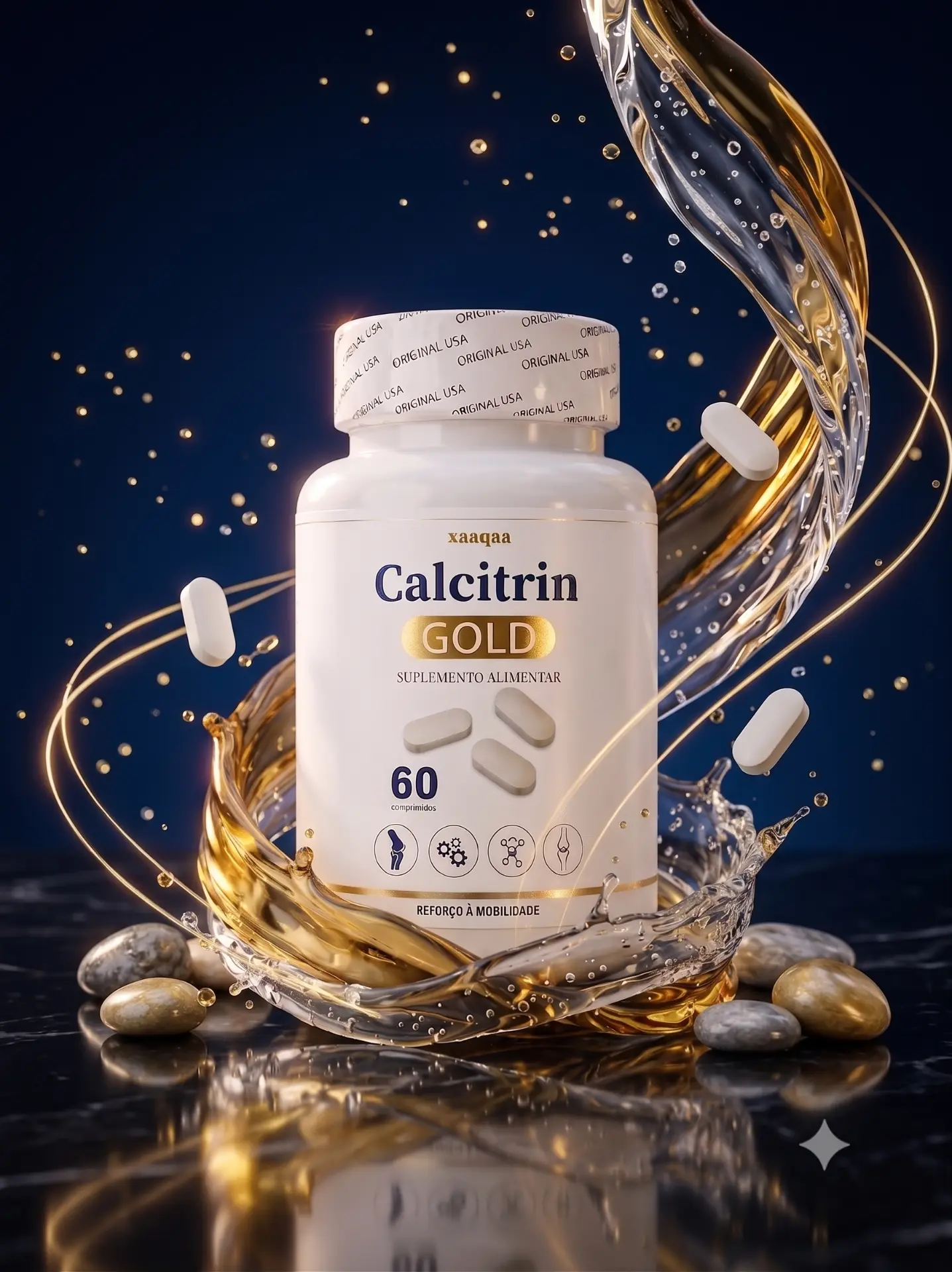 Pote de Calcitrin Gold rodeado de una envoltura dorada de alivio, con sello Original USA