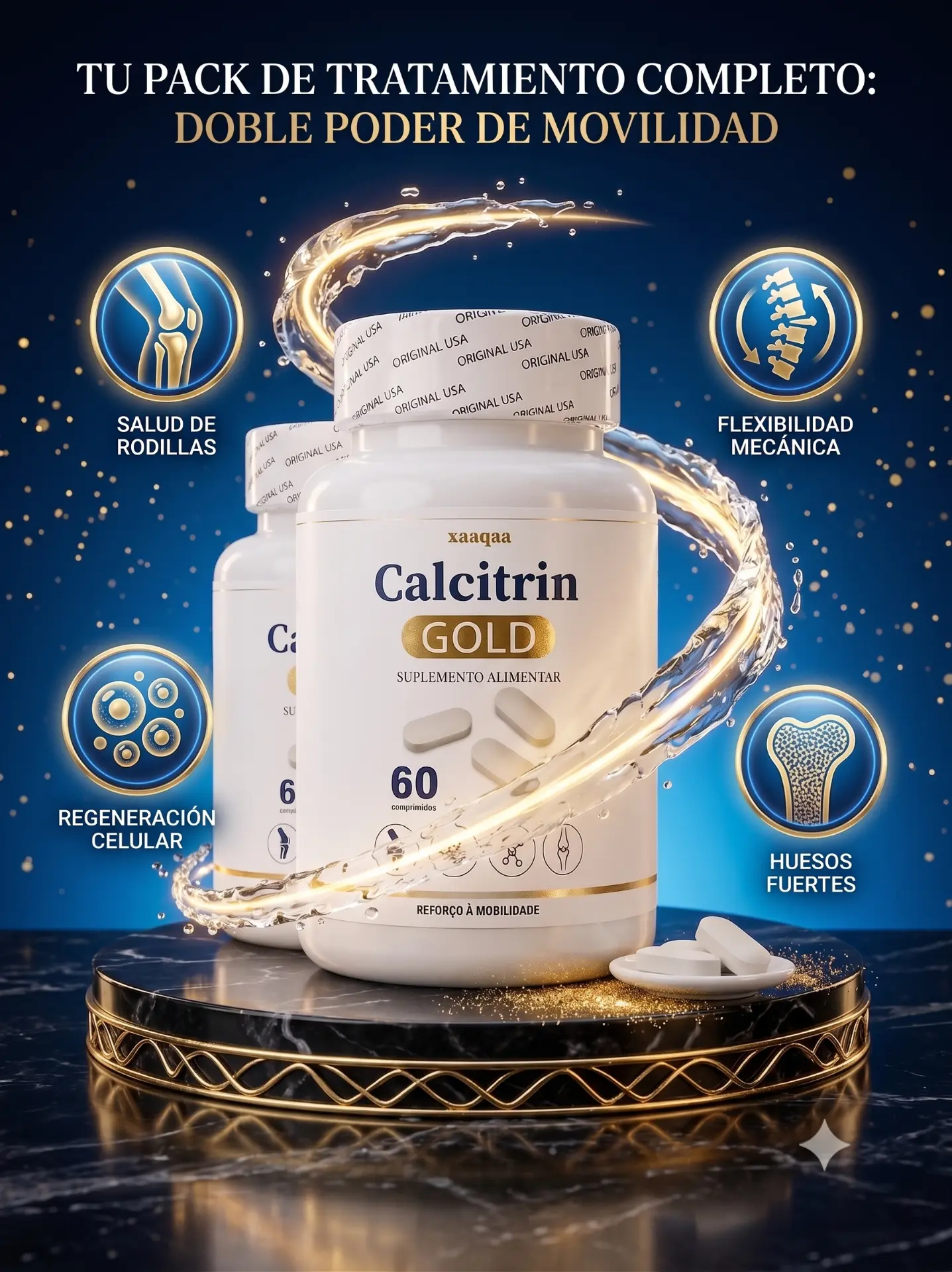 Pack de dos potes de Calcitrin Gold con beneficios: salud de rodillas, flexibilidad mecánica, regeneración celular y huesos fuertes